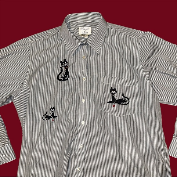 Vintage Women’s Blouse Black & White Striped w/ Sequin & Embroidered Cats - Picture 9 of 10